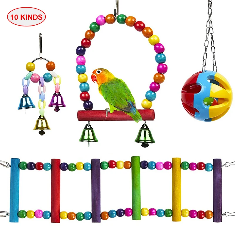 

Parrot Toy 10PCS Set Hang Swing Bridge Chewing Bite Rattan Balls Bell Wooden Bead Rotating Ladder Bird Cage Accessories Supplies