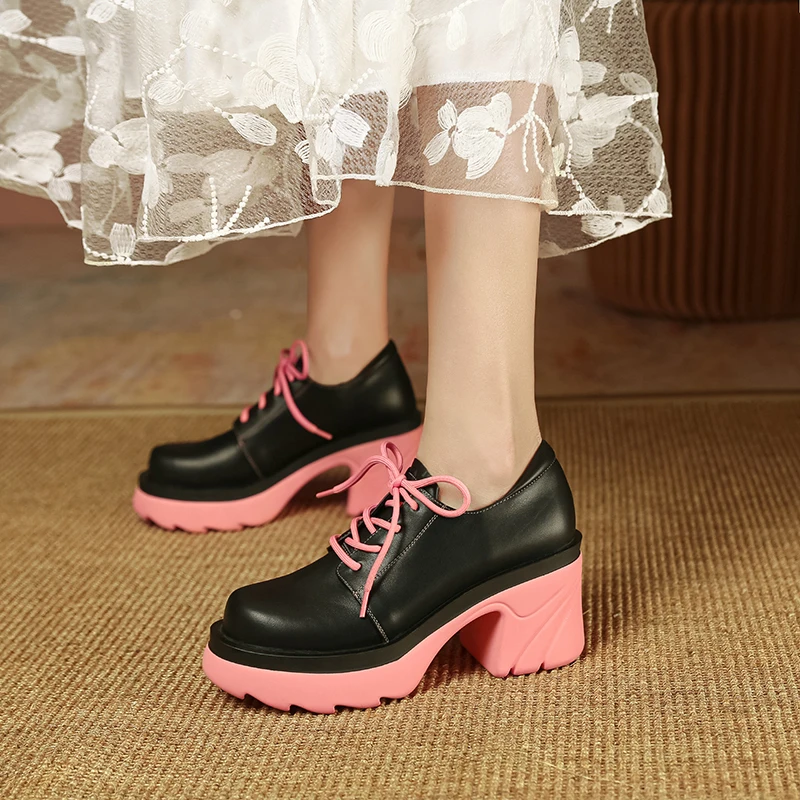 

MKKHOU Fashion Single Shoes Women New Leather Lace-up Platform Shoes Thick Heel 8cm High Heel Ladies Casual Platform Shoes