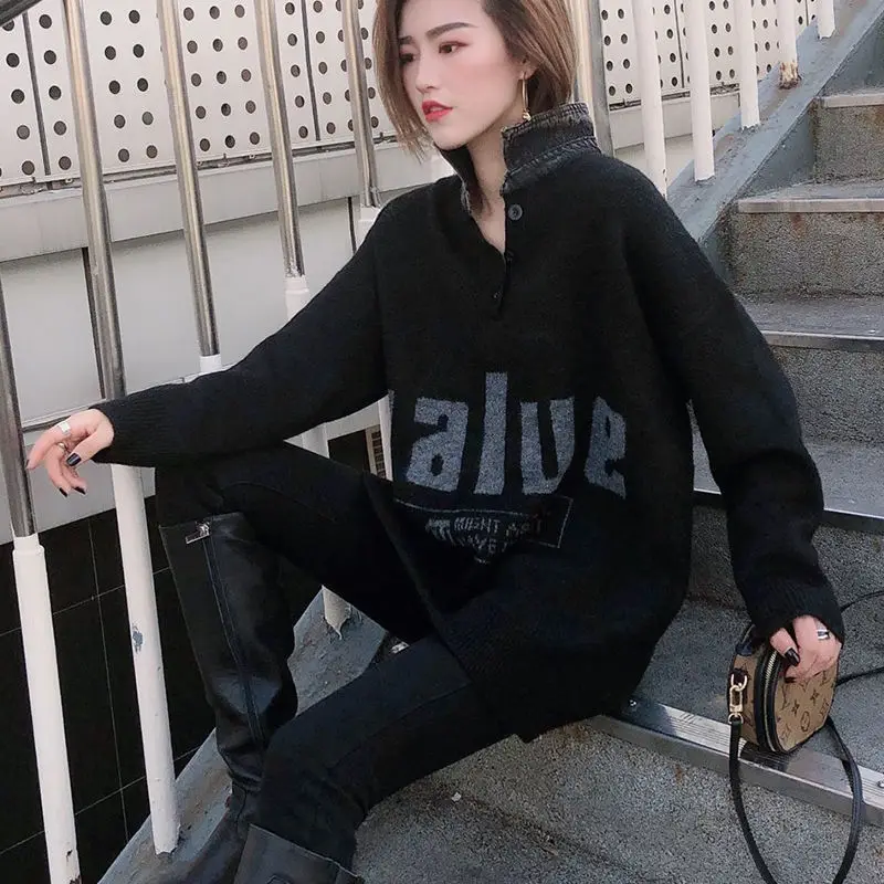 

New autumn and winter fashion denim splicing Pullover Sweater