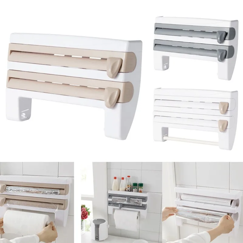

Multifunction Kitchen Organizer Wall-mounted Tin Foil Storage Rack Preservative Film Dispenser Sauce Roll Paper Storage Box