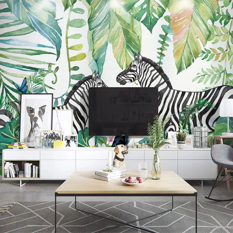 Custom Mural 3D Hand Painted Green Leaf Zebra Parrot Photo Background Wall Painting Living Room Kids Bedroom Home Wallpaper |