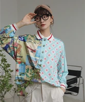 spring and autumn long sleeve polo blouse womens loose chinese style splicing retro printed shirt women plus size women shirts