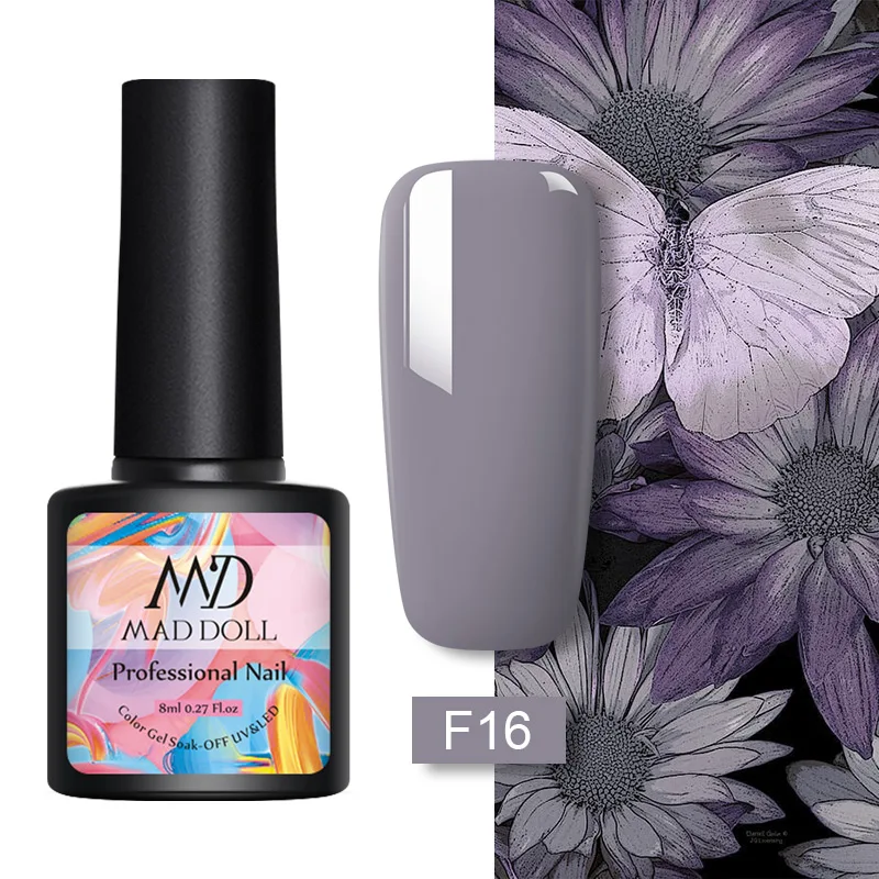 F016 MD MAD DOLL, 8 мл, УФ-гель для ногтей, серый, черный, чистый цвет для ногтей, отмачиваемый Гель-лак, однократный полуперманентный гель для ногтей - Цвет: F016