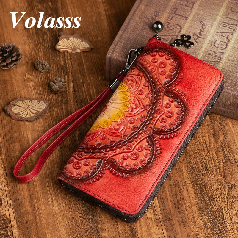 VOLASSS Vintage Genuine Leather Wallets For Women Handmade Embossed Purses Wallet China Style Card Holder Female Cartera Mujer