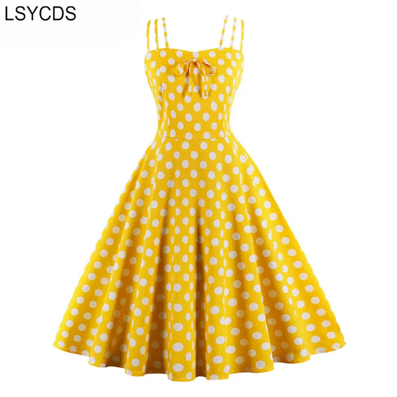 Женское винтажное платье в горошек LSYCDS желтое с завязками спереди на тонких
