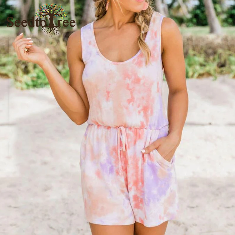 Галстук краска Принт без рукавов Летний комбинезон женский костюм из шорт и топа