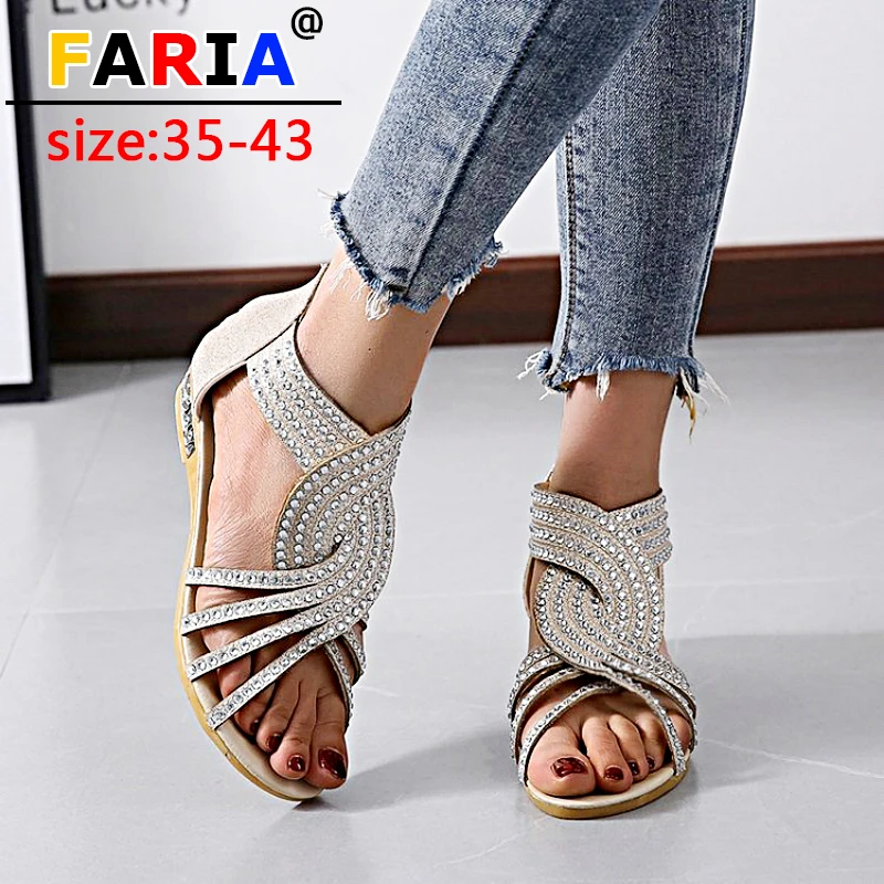 

2020 fashion Crystal low Wedges sandals women summer peep toe back Zip Rome sandalias de mujer verano Sexy party Female shoes
