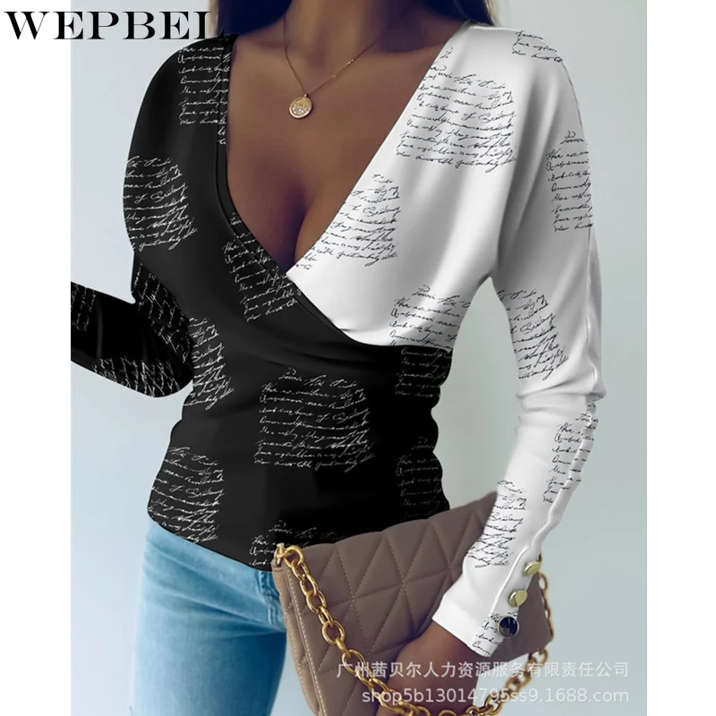 

WEPBEL Women's Elegant Letter Print Shirt Top Ladies Sexy Fashion Long Sleeve V Neck Corset Slim Fit T-shirt