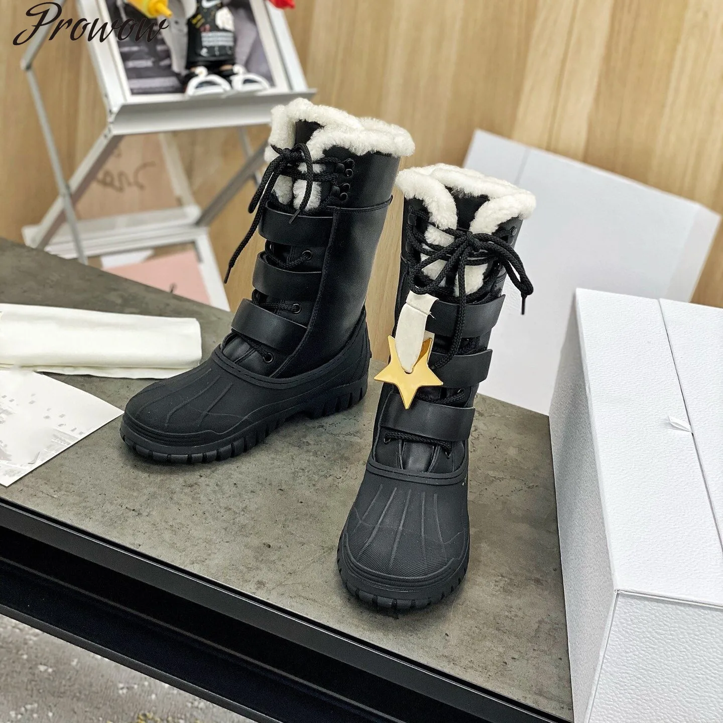 

Prowow Winter Shoes Women New Genuine Leather Platform Fur-lined Boots Lace-up Hook Warm Short Boots Round Toe Mid-Calf