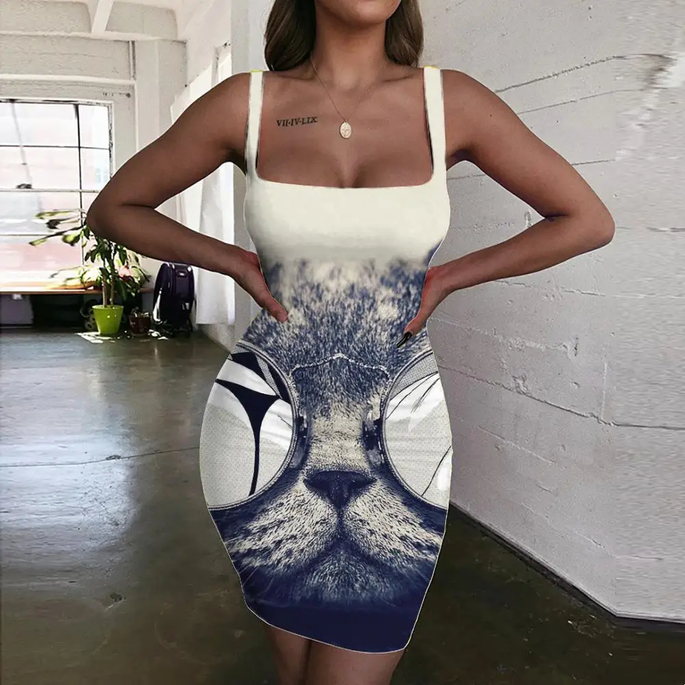 

Giyu Brand Cat Dresses Women Animal Halter Sleeveless Lovely Ladies Dresses Hip Hop 3d Print Rock Vestido Sexy Womens Clothing