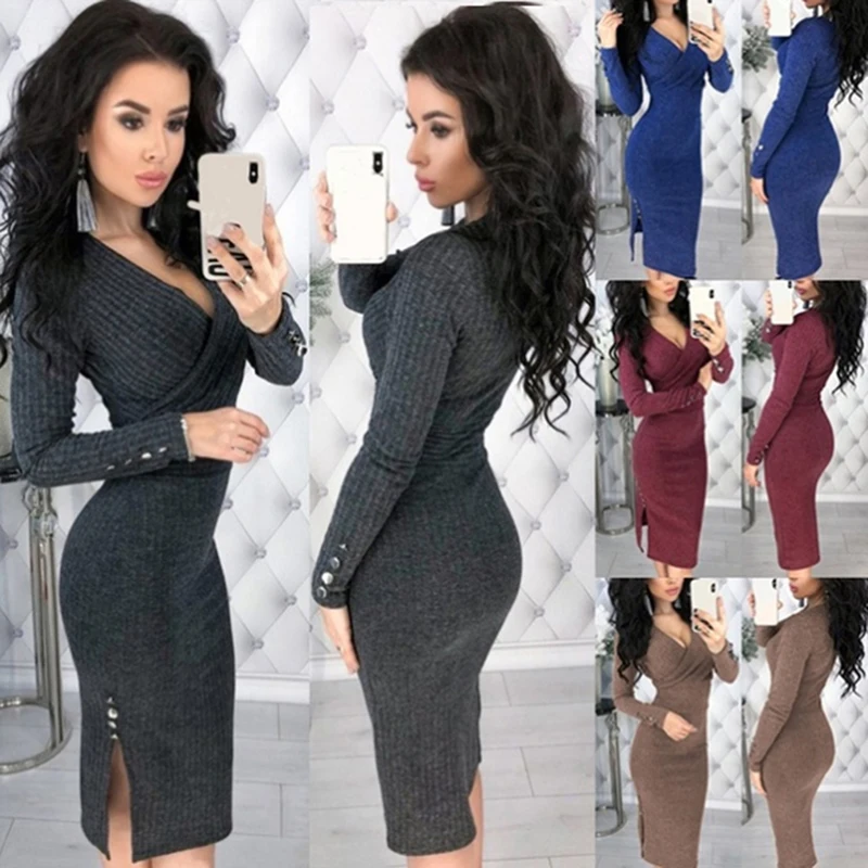 Женское облегающее платье-карандаш однотонное платье с длинными рукавами