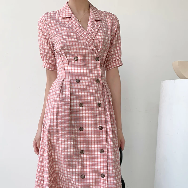

Women Summer Long A-Line Dress Suit Collar Sweet High Waist Double Breasted Plaid Dress Elegant Office Lady Short Sleeve Dress