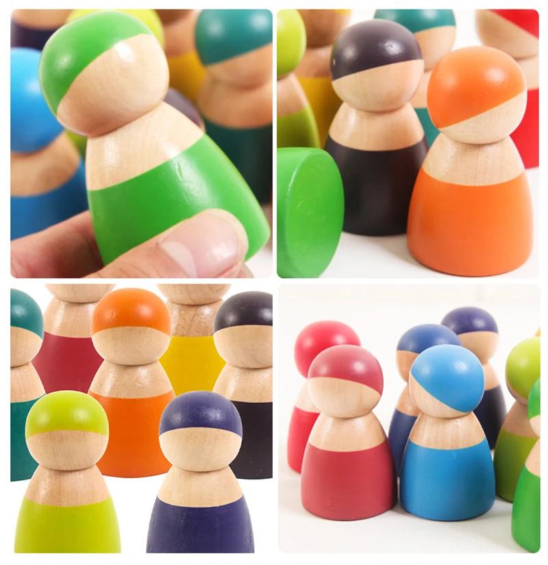 12pcs baby wooden rainbow friends peg dolls toy montessori arch pretend play people figures for kids wooden toys gifts game free global shipping