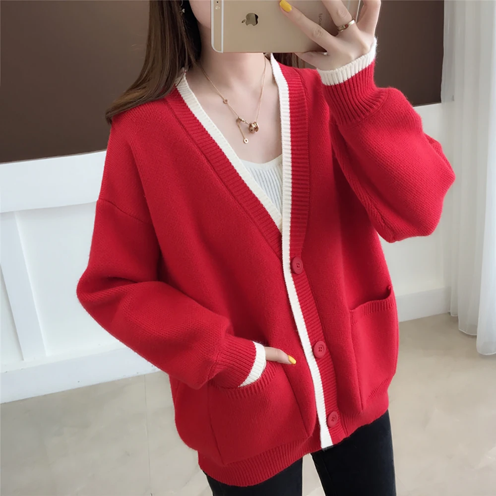 

YUANYUANJYCO Spring Autumn Women Korean Style Knitted Patchwork Cardigan Elegant Ruched Button Pocket Long Sleeve Sweater