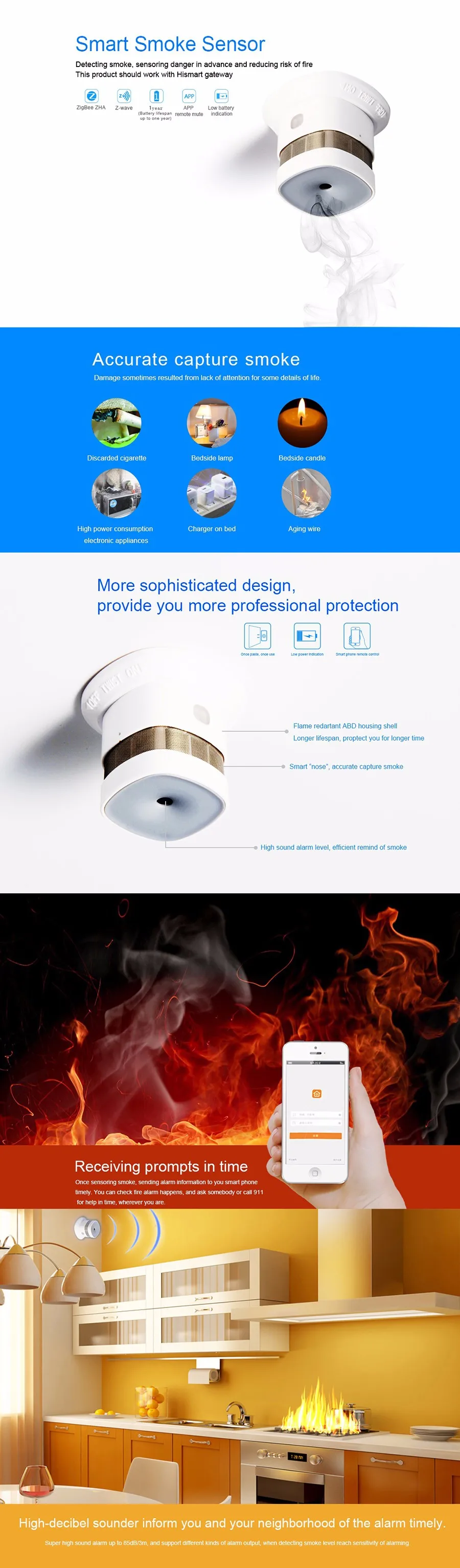 

Heiman Zigbee Smoke Detector Fire Alarm Detector Smart Home Sensor 2.4GHz High Sensitivity Compatible with SmartThing Gateway