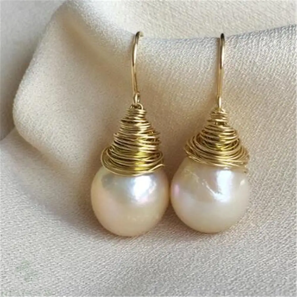 

13-16mm White Baroque Pearl Earrings 18k Ear Drop Mesmerizing Dangle AAA Aurora Fashion Earbob