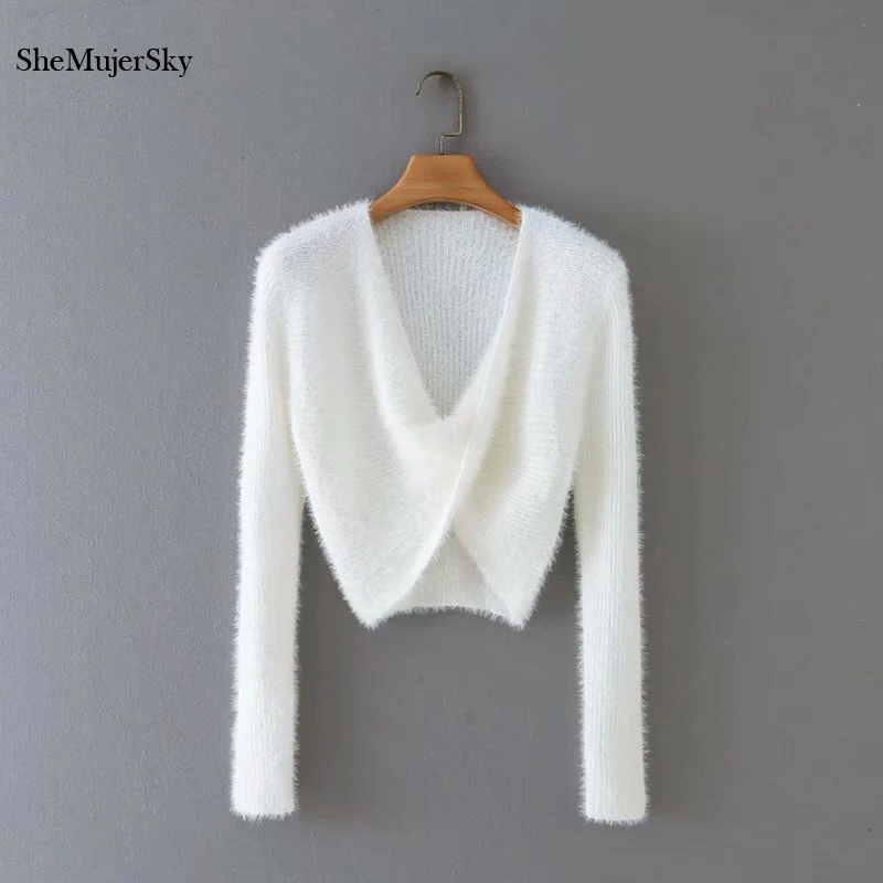 

SheMujerSky Women Fur White Sweaters Knitted Elastic Cross V-neck Cropped Pullovers 2021 Long Sleeve Sweater