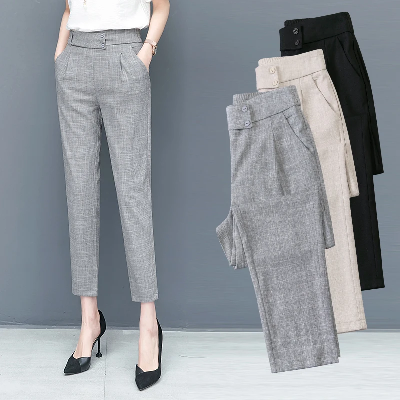 

2021 Spring Summer Women Pants Work Wear Casual Pants Plus Size 3XL Female Slim High Waist Gray Pants Women's Harem Pants AH332