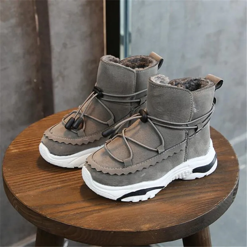 Зимние кожаные ботинки MHYONS детские с толстым мехом черные кроссовки для девочек