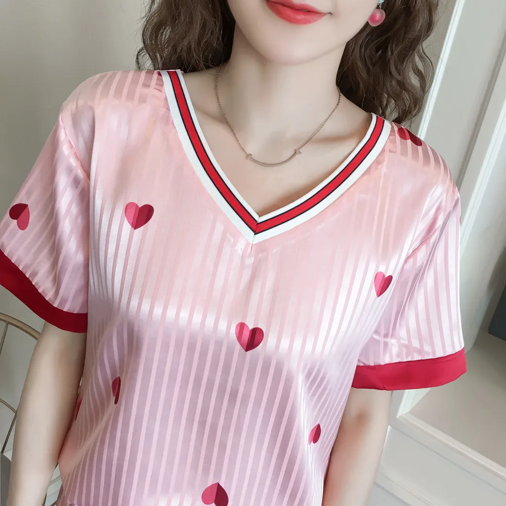 

Women Sexy Lingerie Nightwear Short Sleeve Sleepwear Short Sleepwear Femme Set Silk Printing Piama Pijamas #T2G