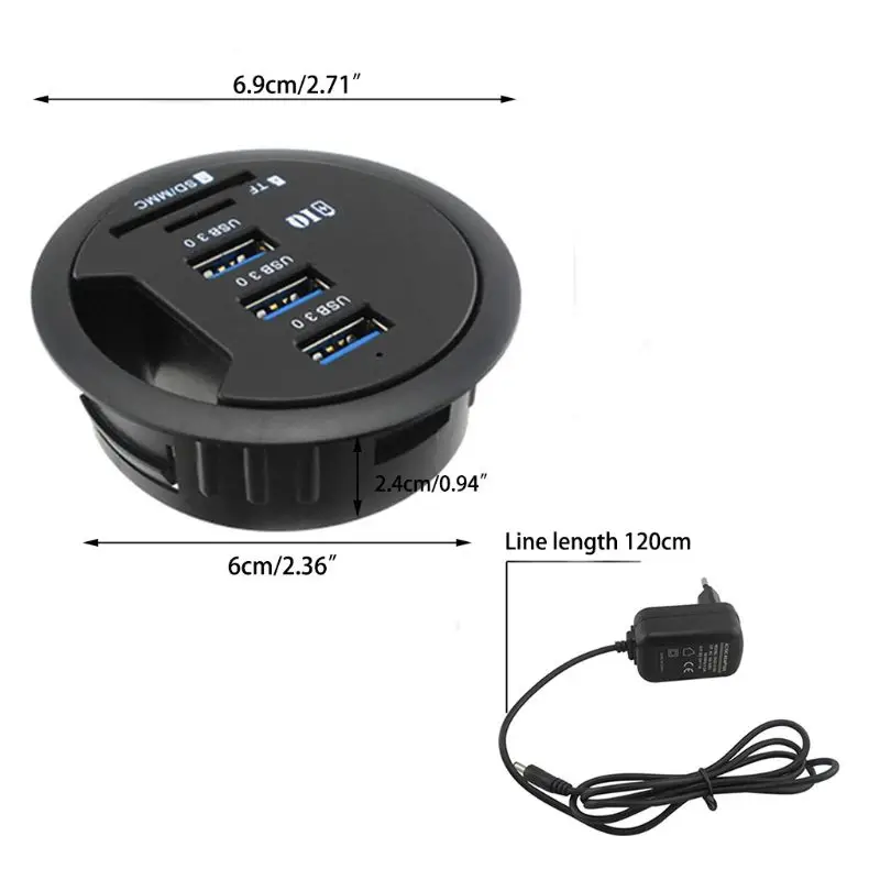 

Black EU Plug 2.5Inch Grommet Hole In-Desk Mounting 3 Ports USB 3.0 Hub Adapter For Laptop PC Computer Tablet Accessories