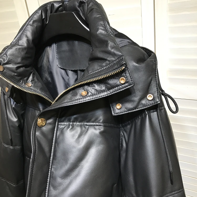 Winter Women's High Quality Sheepskin Genuine Leather Hooded Down Coat C810