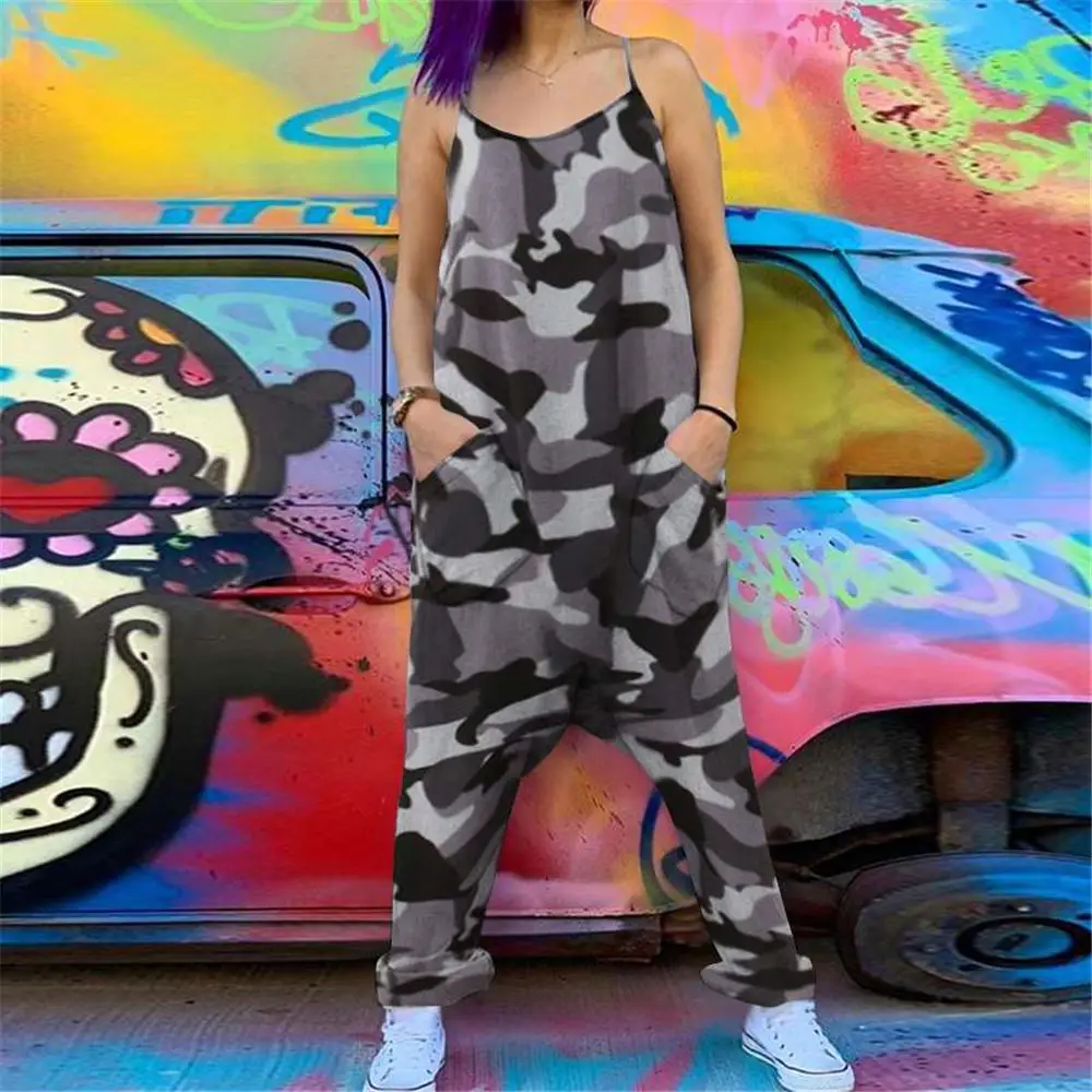 

2021 Women Camo Sarouel Oversized Drop Crotch Loose Jumpsuit Plus Size 5XL Overalls Sleeveless Camouflage Jumpsuit Harem Pants