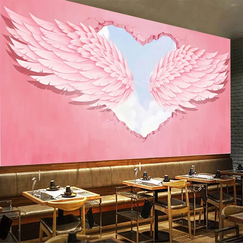 Custom Mural Wallpaper 3D Pink Love Angel Wings Wall Painting Modern Creative Abstract Fresco Restaurant Living Room 3D Stickers