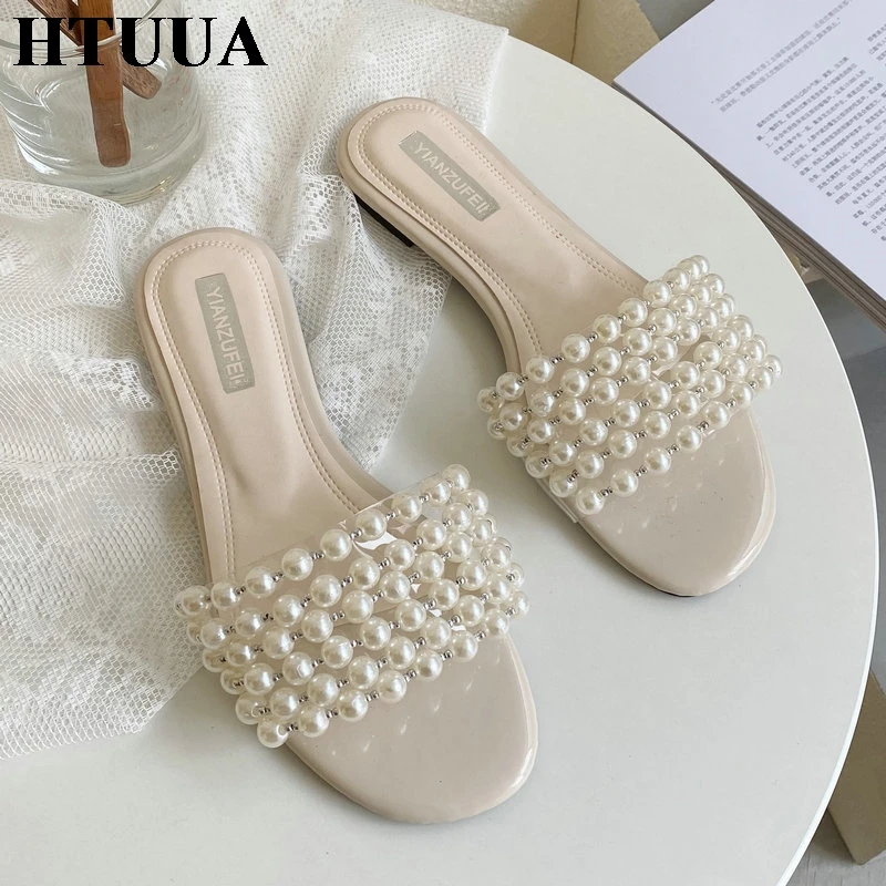 HTUUA/Новинка 2020 года Тапочки на плоской подошве из Жемчужной нить бусина Женские