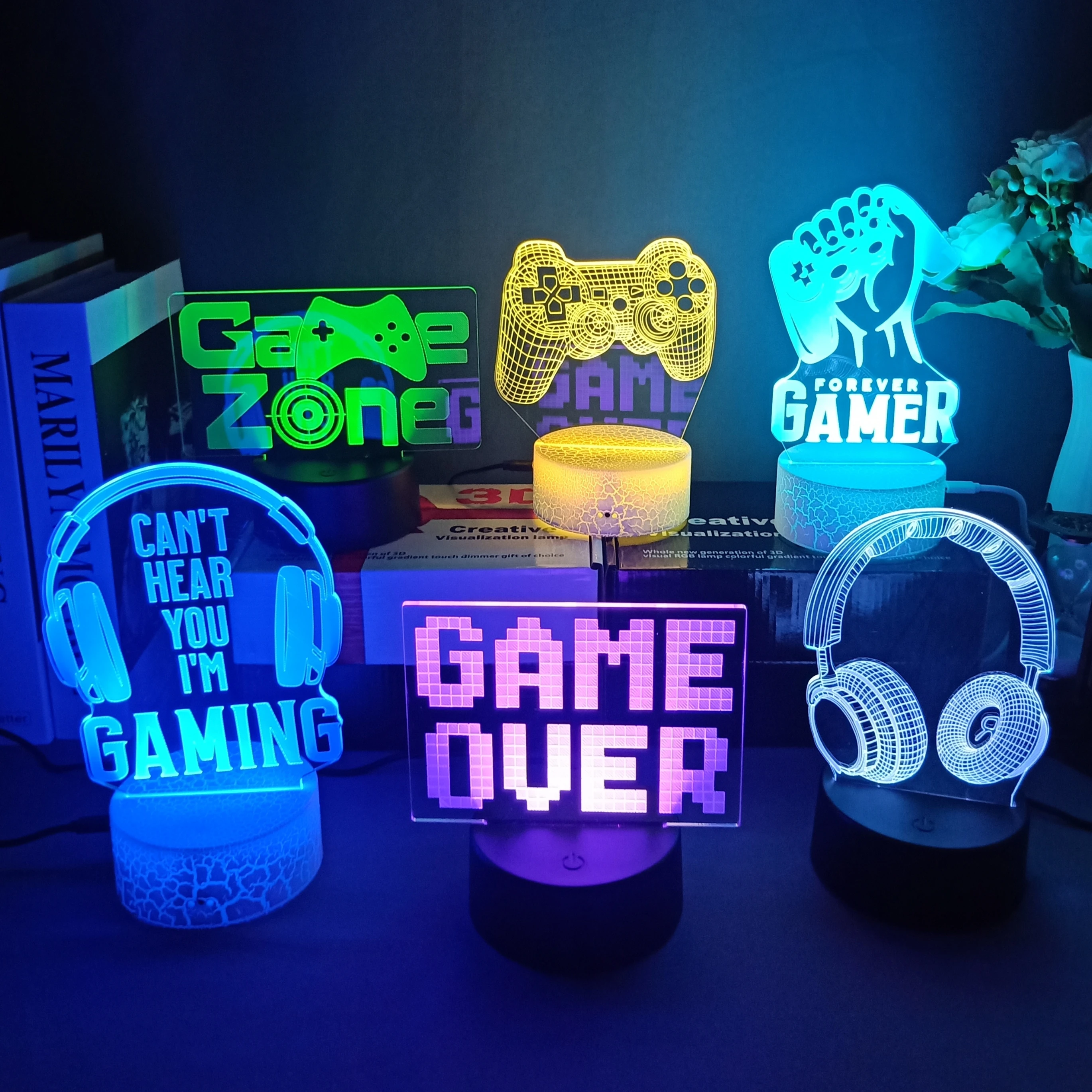

3D Night Lamp Gaming Room Desk Setup Lighting Decor Gamepad Icon LED Light Atmosphere Table Bedside Night Lamps Kids Gift