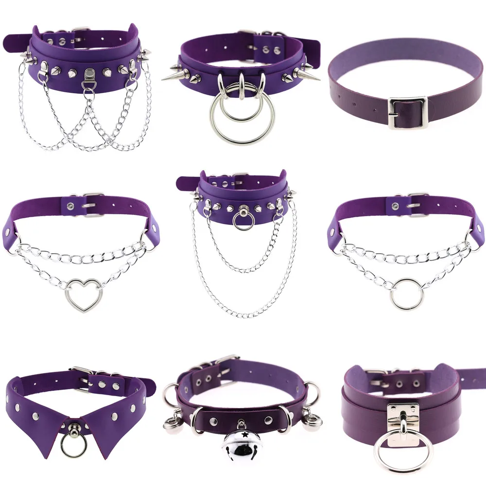 

2021 Punk purple PU Leather cuban link chain Round Spike Rivet Collar goth Choker Necklace for women Body Party gothic Jewelry