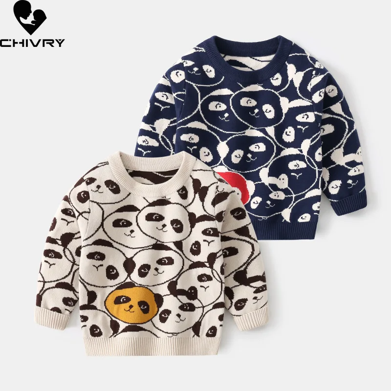 

Новинка, детский Модный пуловер, свитер, осенне-зимний вязаный джемпер для мальчиков с милым мультяшным рисунком панды и круглым вырезом, св...