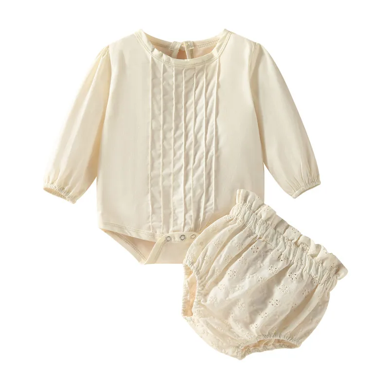 

pudcoco Baby Girls Fall Spring Outfits Solid Color Long Sleeve Bodysuit Tops and Lace Pattern Shorts Sweet Casual Costume Beige