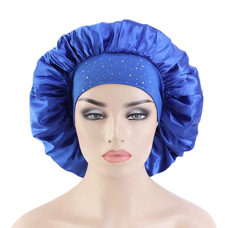 

Women Satin Hair Bonnet Gypsophila Elastic Wide-Brimmed Night Sleep Hat Solid Silky Turban Glitter Bling Bling Head cover TB-248