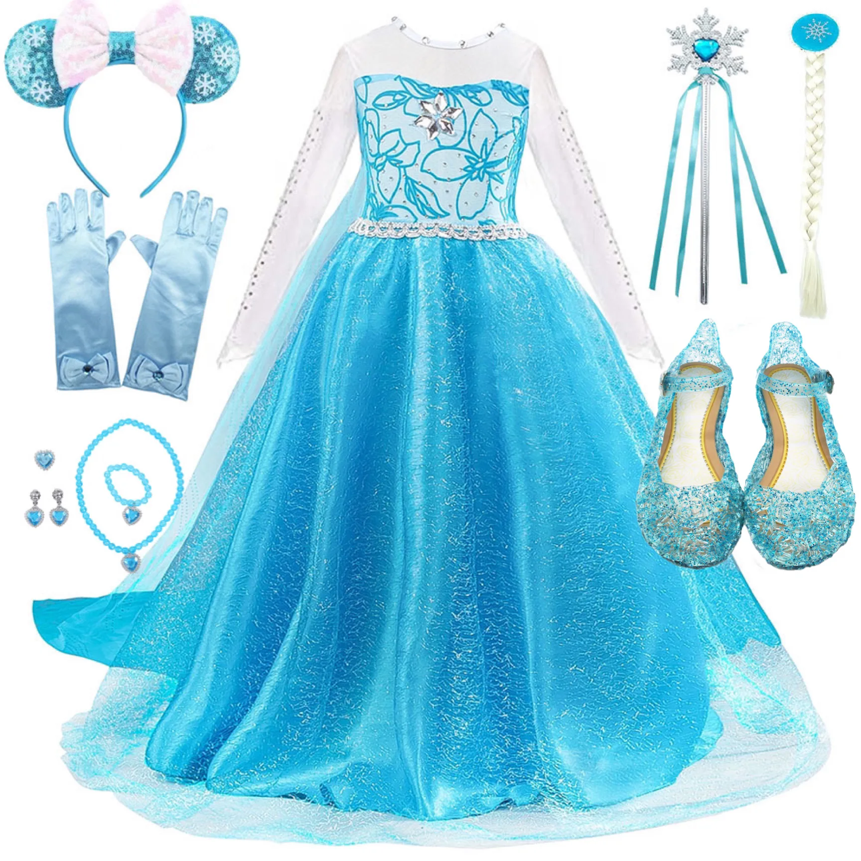 Vestidos de princesa de la Reina de la nieve para niñas, disfraz de Anna y Elsa, ropa de Cosplay para fiesta de cumpleaños con capa larga, peluca, Vestido XH28