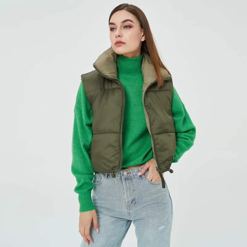 

ZA winter Women Fashion Warm short Jacket cardigan Waistcoat Thick Sleeveless Coat High collar zipper Chic Cotton Vest Outerwear