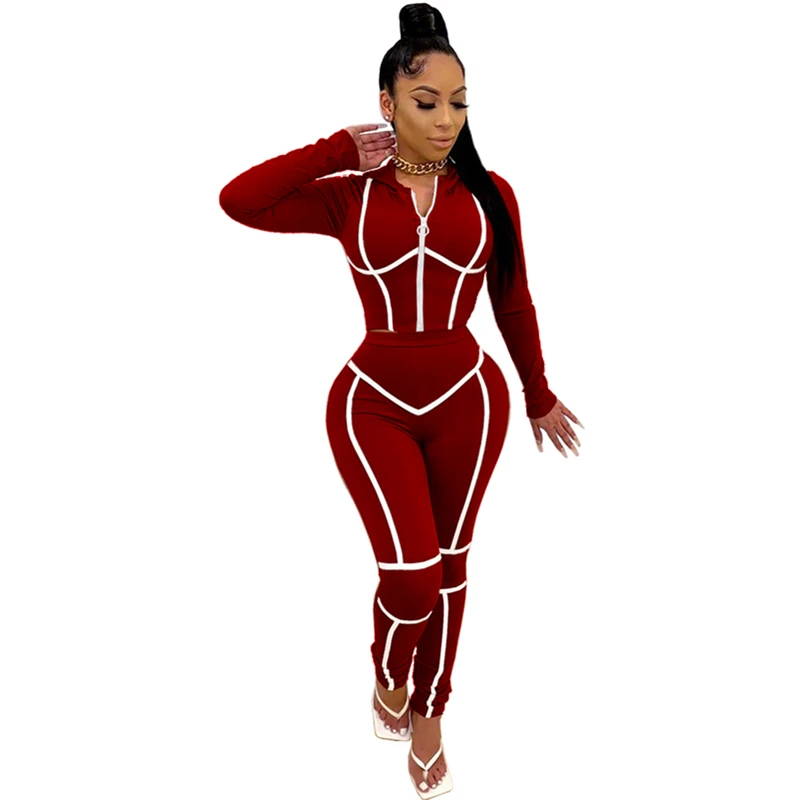 

New Arrival Solid Color Hooded Zipper Sports Two Piece Pant Set
