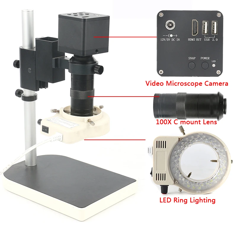 

1080P 4K UHD 12MP Digital Video Microscope Camera 100X C Mount UI Measurement PCB Soldering Electric Microscopio Magnifier Set