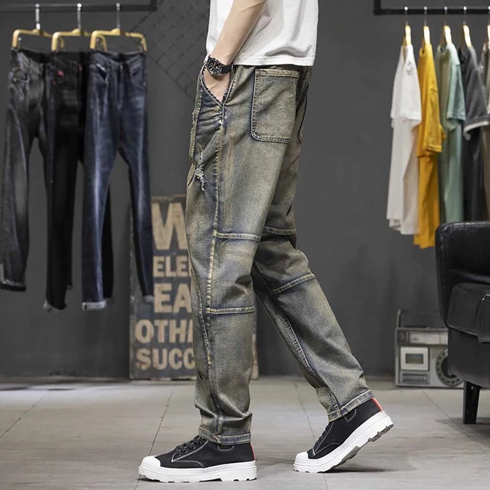 Spring Summer Fashion Denim Men Casual Loose Baggy Jeans Straight Trousers Patchwork Ripped Pants Streetwear Clothing