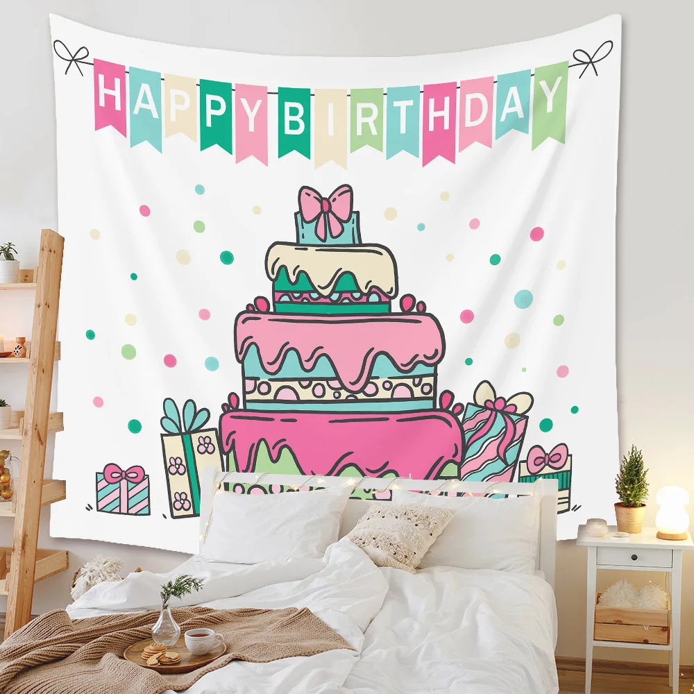 

Birthday Party Tapestry Cake Printing Wall Hanging Carpet Background Home Decor Blanket
