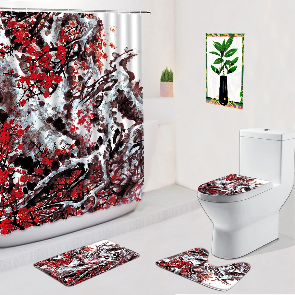 

Chinese Style Flower Bird Bathroom Set Shower Curtain Flannel Non-Slip Rug Toilet Cover Mat Mountain Water Floral Bath Curtains