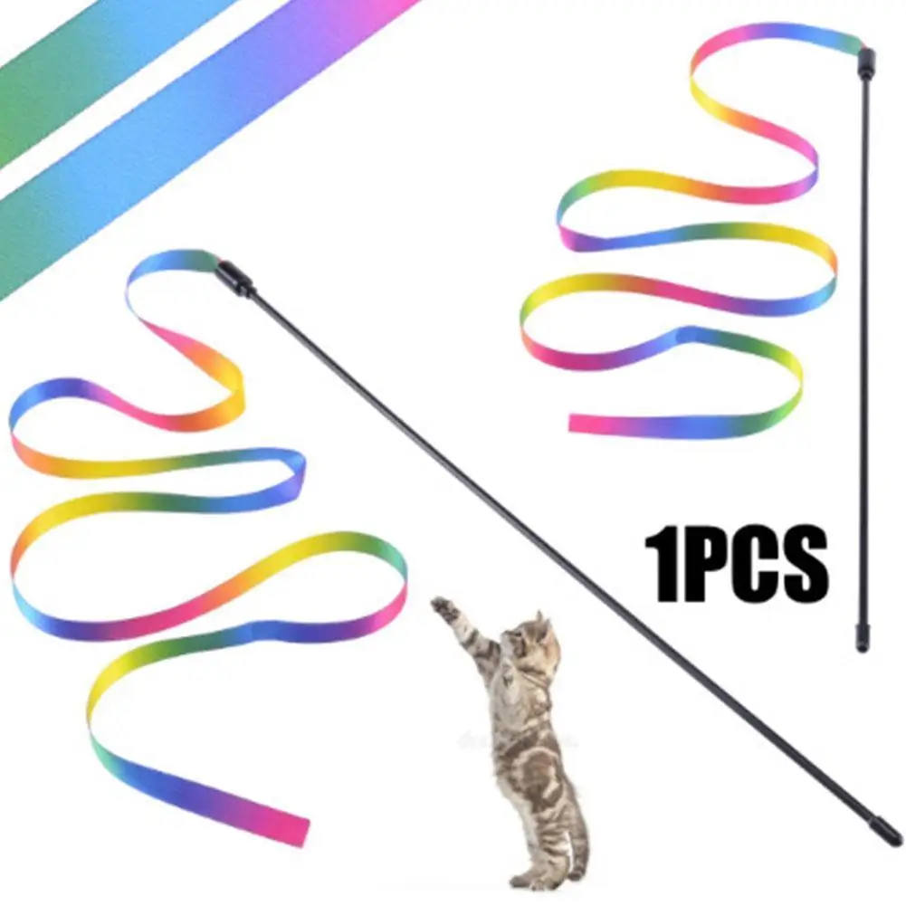 

Interactive Cat Toys Rainbow Cat Charmer Colorful Fabric Toy For Kitten Training Stick Teaser Cat Ribbon Wand Catcher Cat J1X7