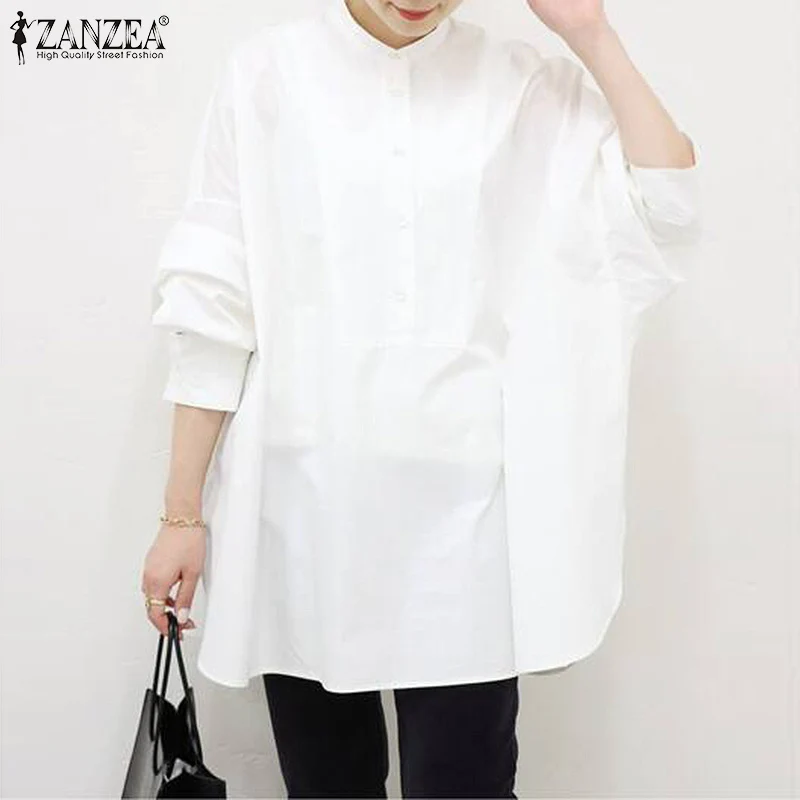 

ZANZEA Women Casual Solid Full Sleeve Blouse Elegant O Neck High Low Chemise Autumn Office Work Shirt Oversized Femininas OL Top