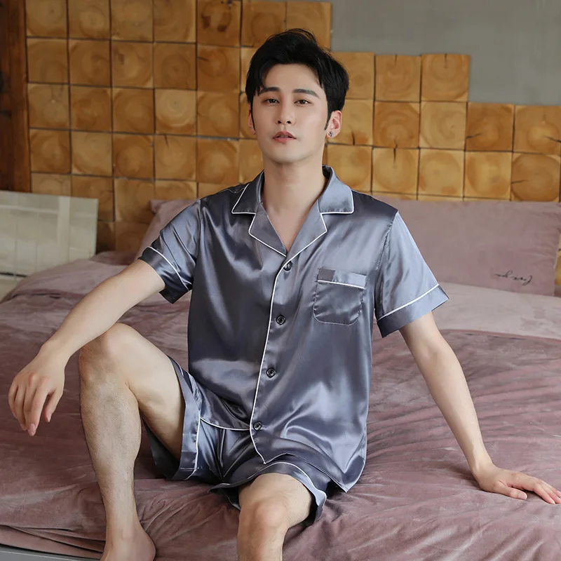 

Summer Man Faux Silk 2PCS Pajamas Set Sexy Turn-down Collar Pocket Pyjamas Sleep Suit L-XXL Lounge Solid Home Clothes