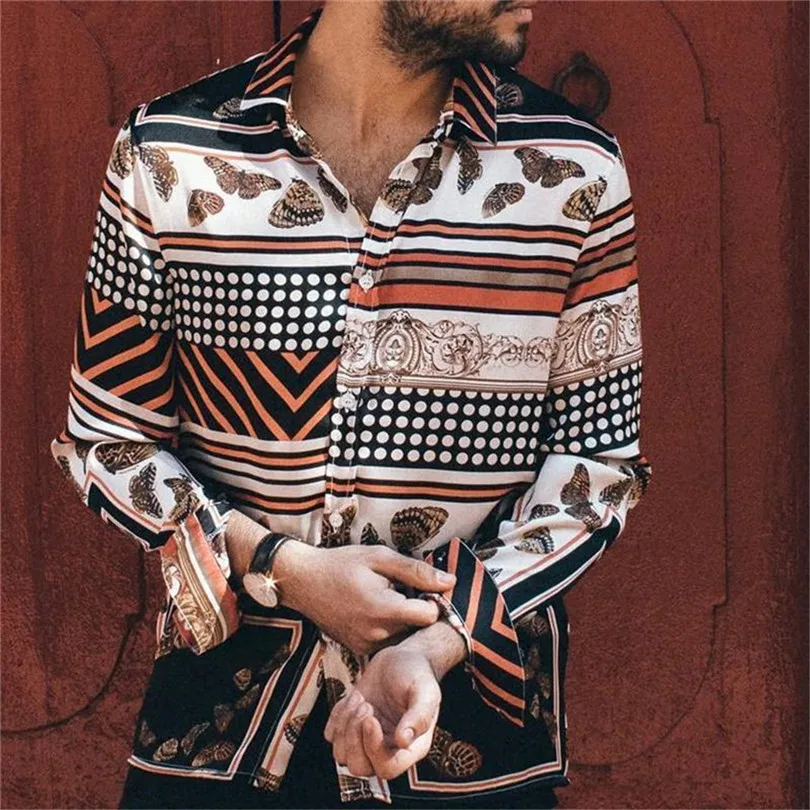 Мужская винтажная рубашка с длинным рукавом в горошек полоску|Повседневные