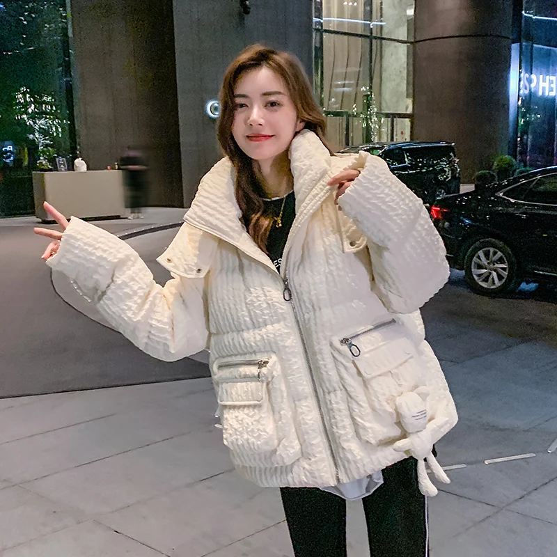 Beige Short down Jacket Women's Small Winter New White Duck down Hooded Loose Thick Short Coat womens coats