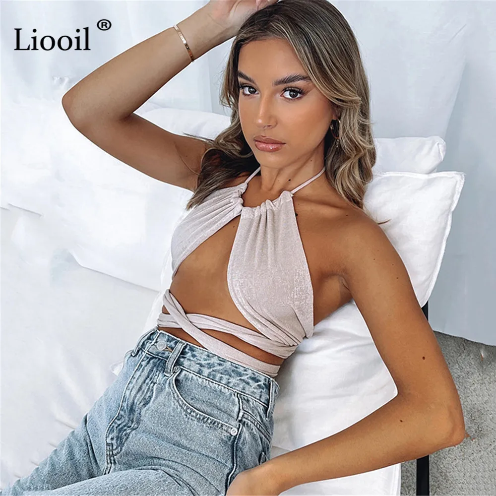 

Liooil Drawstring Hollow Out Short Halter Corset Tops Women Summer 2021 Streetwear Asymmetric Sleeveless Backless Sexy Tank Tops