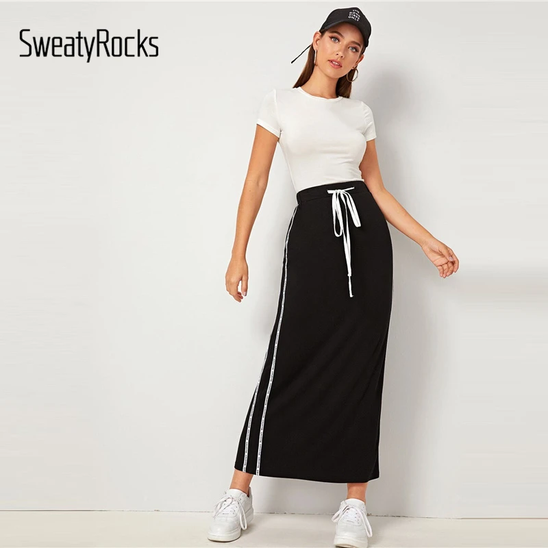 SweatyRocks черные, на шнурке лента для талии боковая юбка-карандаш активная одежда обтягивающие макси юбки женские прямые юбки с высокой талией