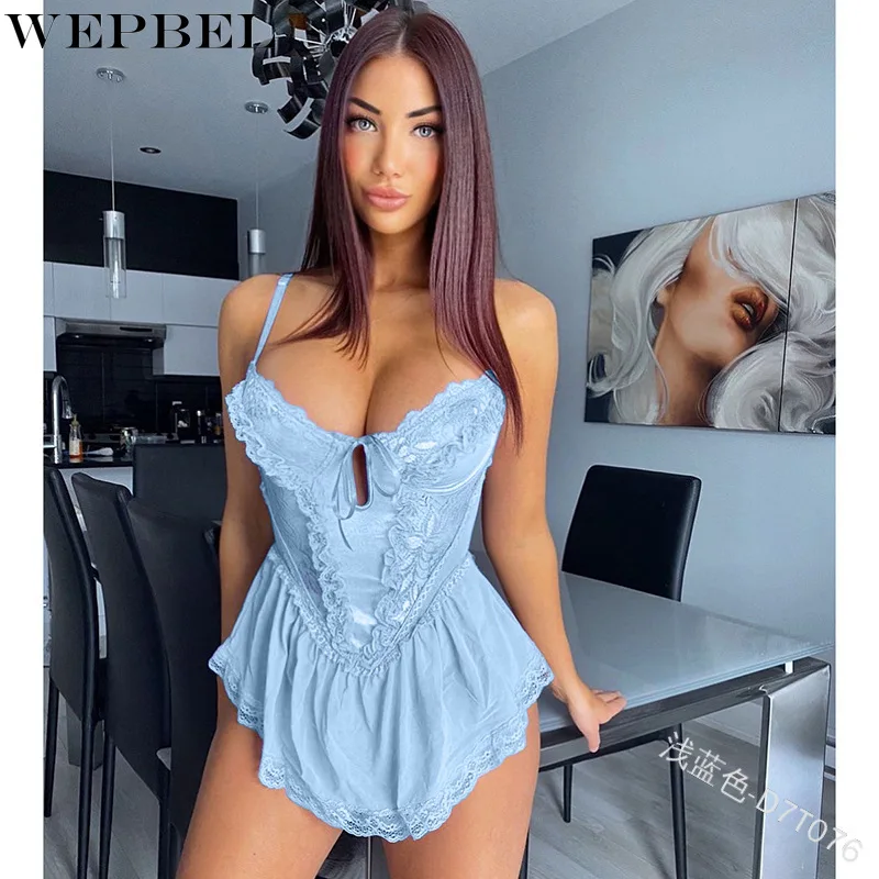 

WEPBEL Women Sexy Lace Pajamas Lingerie Slim Sling Homewear Sleeping Dress Fashion See Through Hollow Out Sexy Party Mini Dress