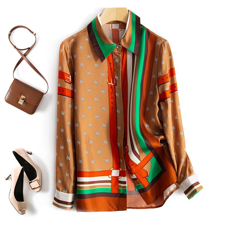 Шелковая блузка из 100% твила Высококачественная женская рубашка с принтом